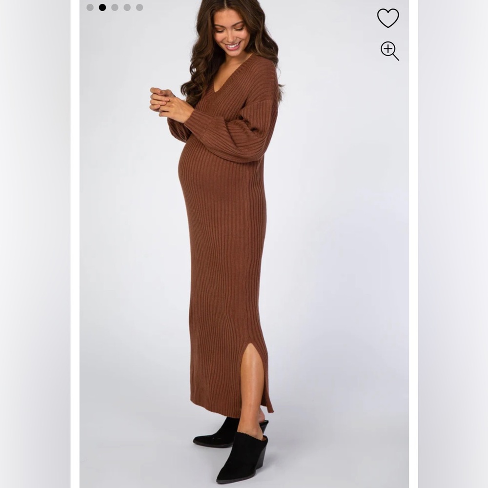 Brown V-Neck Ribbed Maternity Sweater Dress